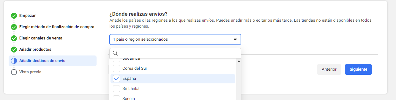 Selecciona lugares de envío