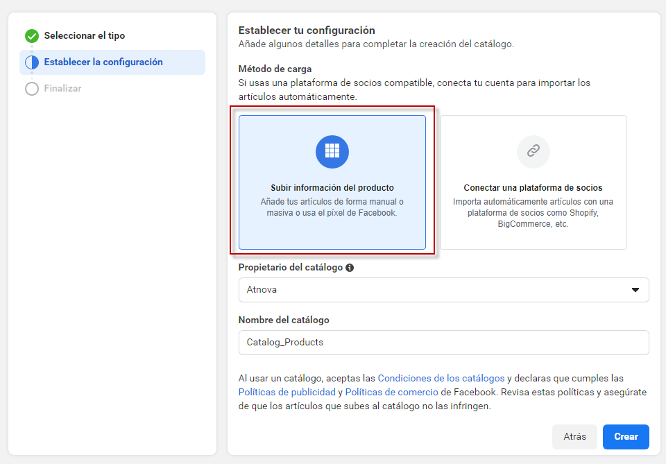 Seleccionar forma de subir información de productos