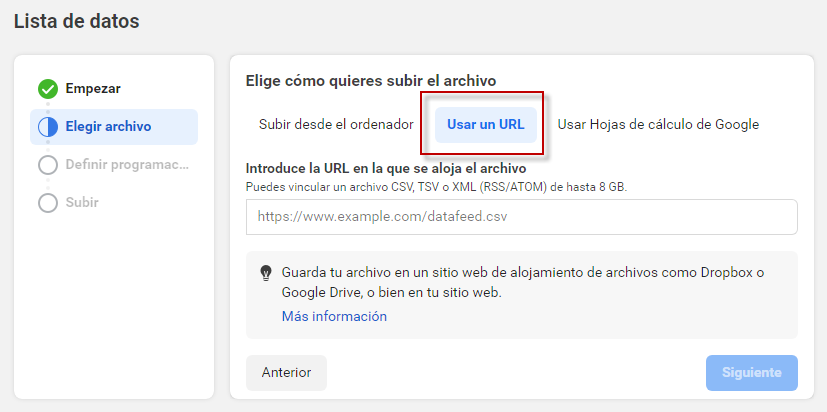 Introducir la url de tu feed de datos