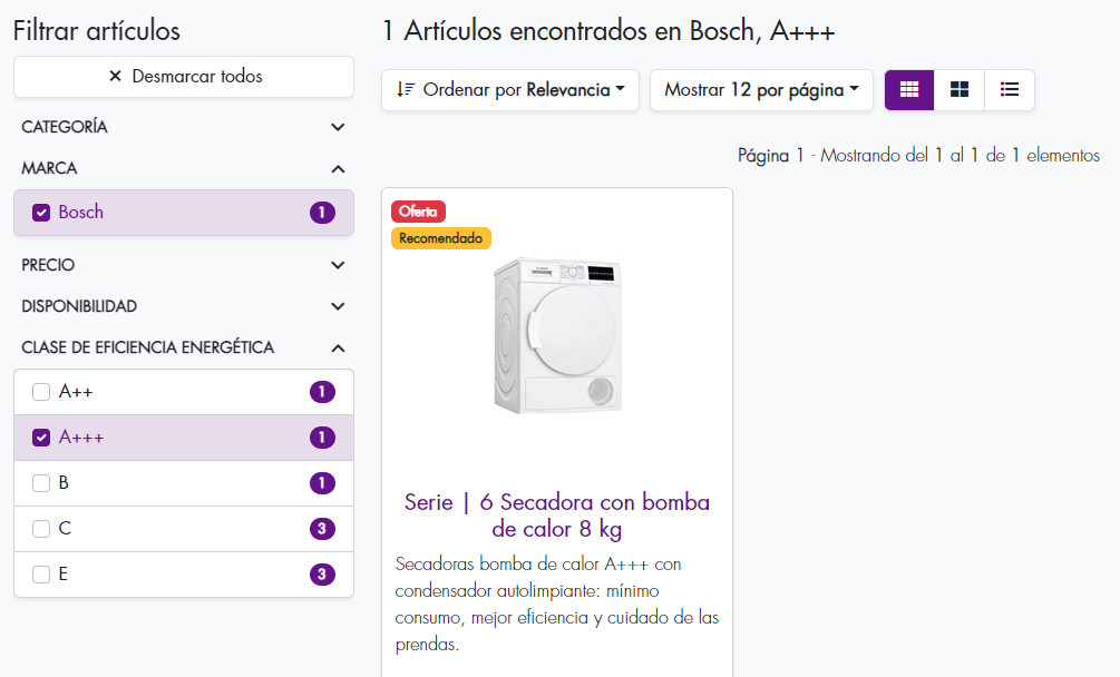 Captura de la sección electrodomésticos en la tienda demostración de atnova shop