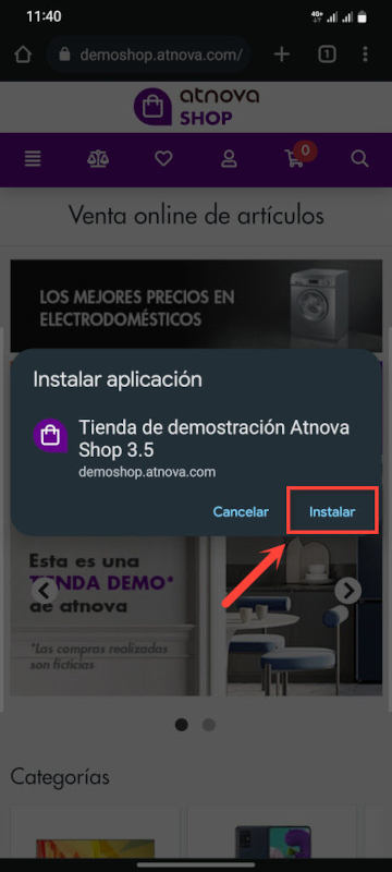 Confirma la instalación cuando te lo solicite el navegador.