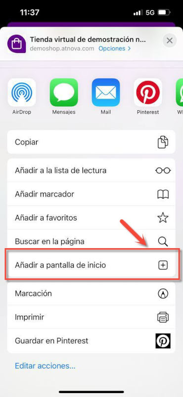 Haz clic en el botón Añadir a pantalla de inicio del menú desplegable.